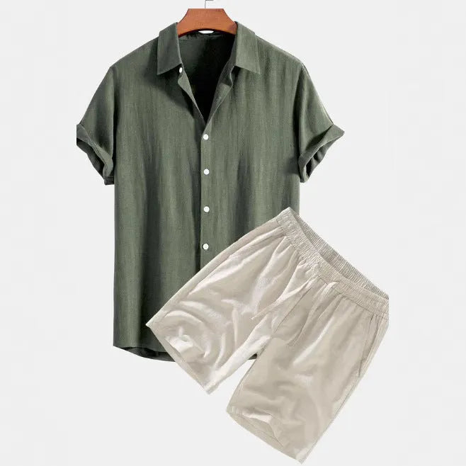 Men's solid colour casual short-sleeved shirt and shorts suit on a hanger.