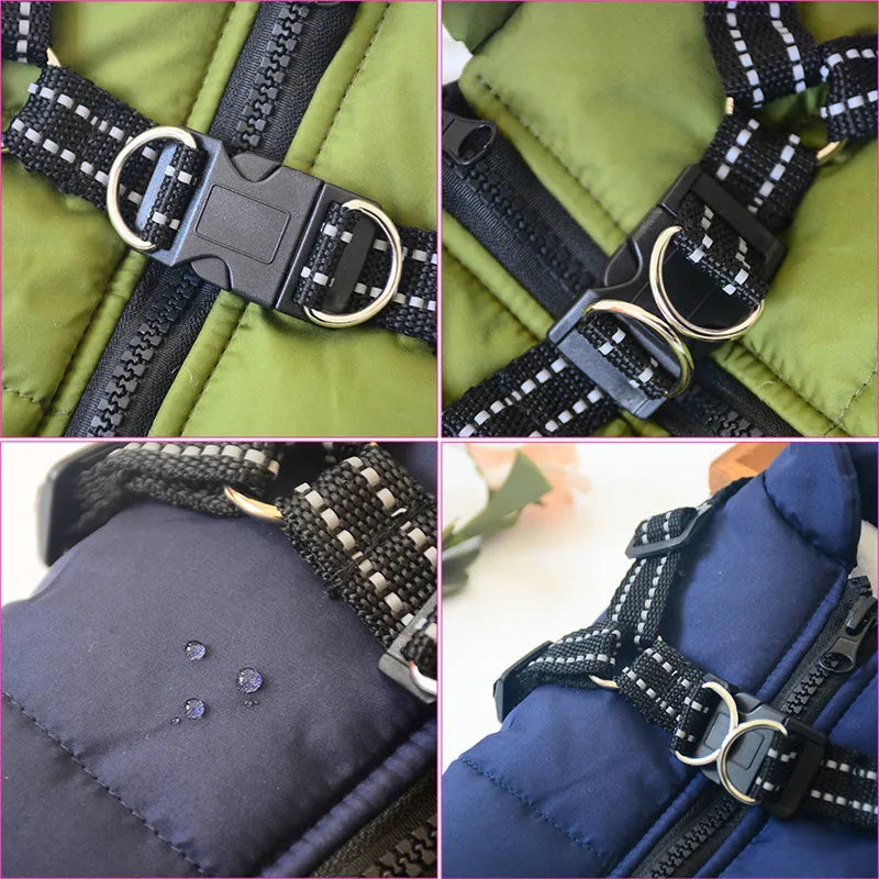 Waterproof dog coat with built-in harness in red, navy blue, or army green colours