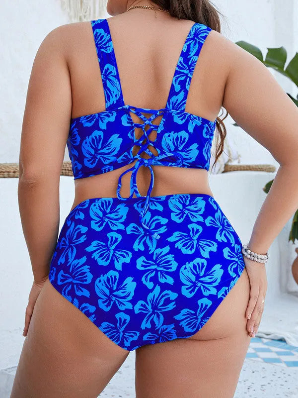 Blue floral print women's two-piece bikini swimsuit on a hanger
