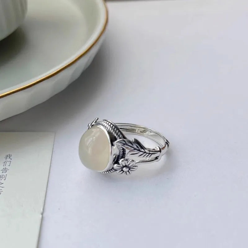 Copper vintage ring with white stone and adjustable U-shaped opening