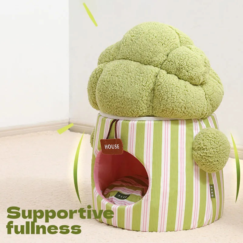 Green cauliflower tree hole design enclosed pet bed for cats and small dogs