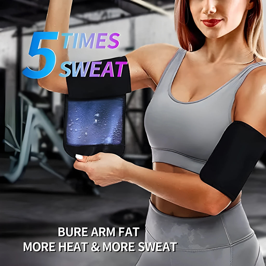 Adjustable arm compression sweatband in blue with hook-and-loop closure, worn on forearm.