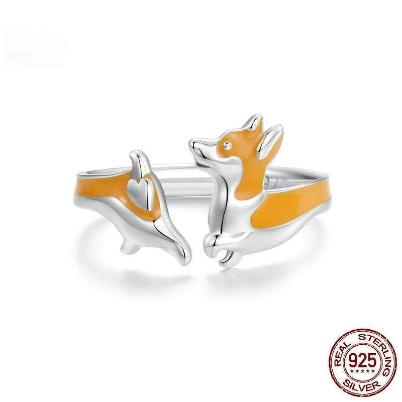 Adjustable silver corgi cartoon ring with electroplated finish in SCR1014-E colour.