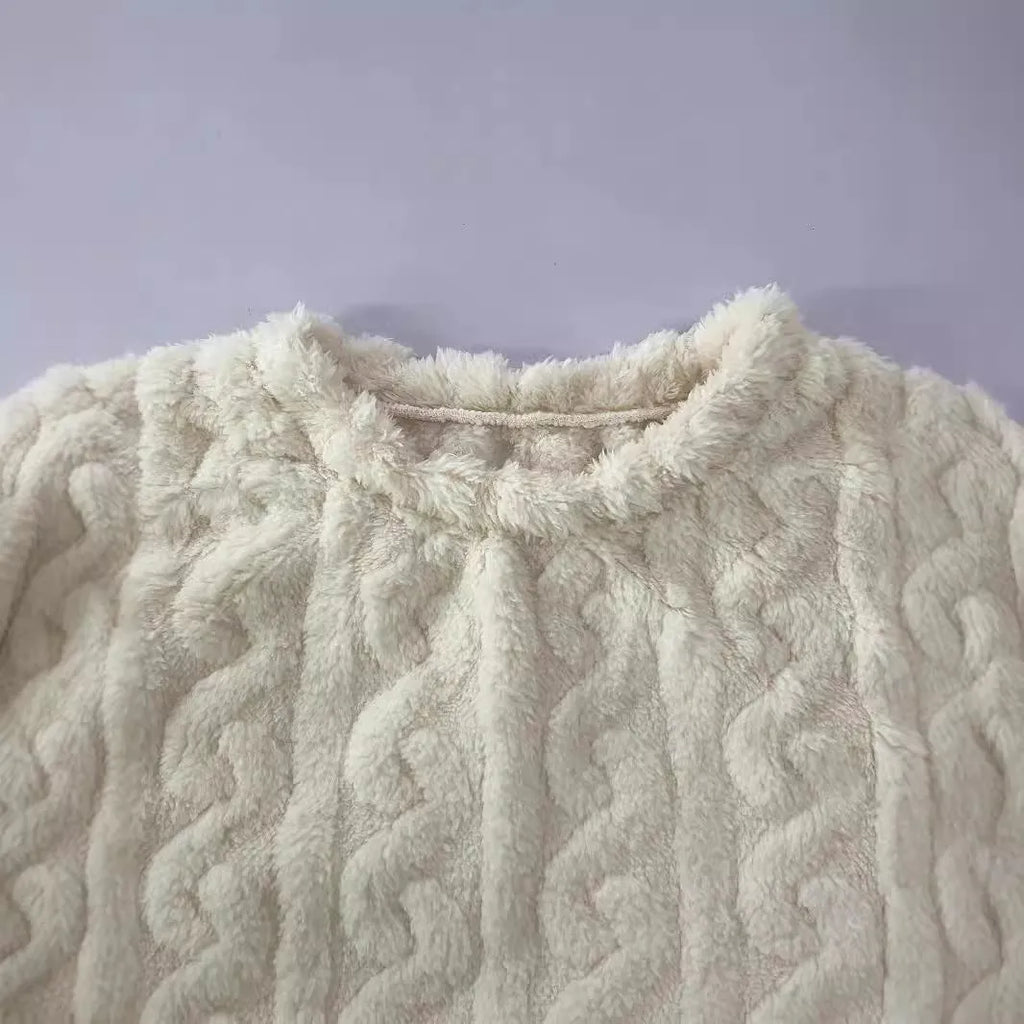 Women's creamy white plush two-piece casual set with crew neck top and trousers