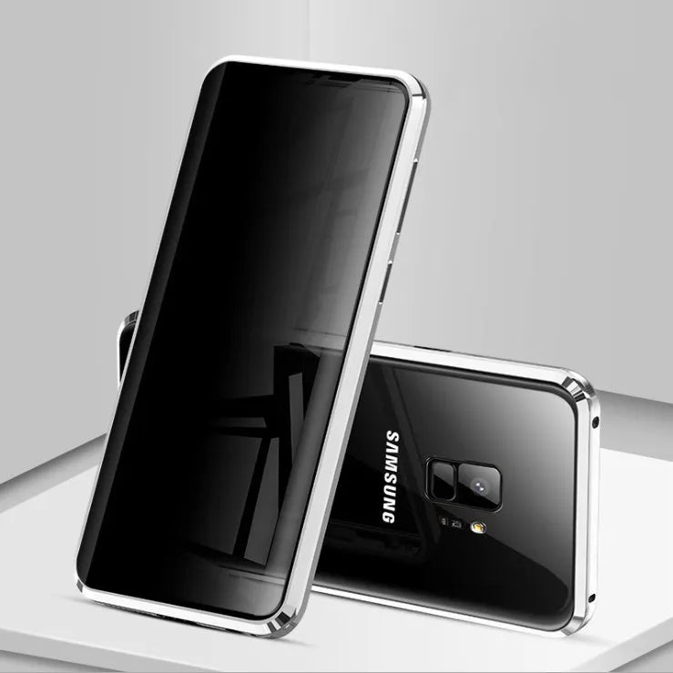 Black clamshell magnetic phone case for Samsung Galaxy with anti-peeping screen, open to show interior.