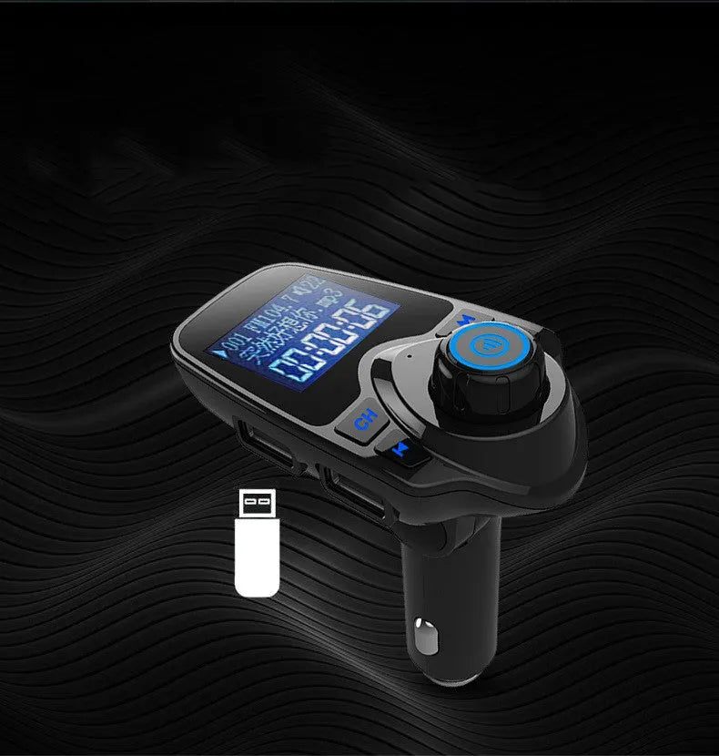 Black car Bluetooth hands-free FM transmitter kit with USB and memory card ports.