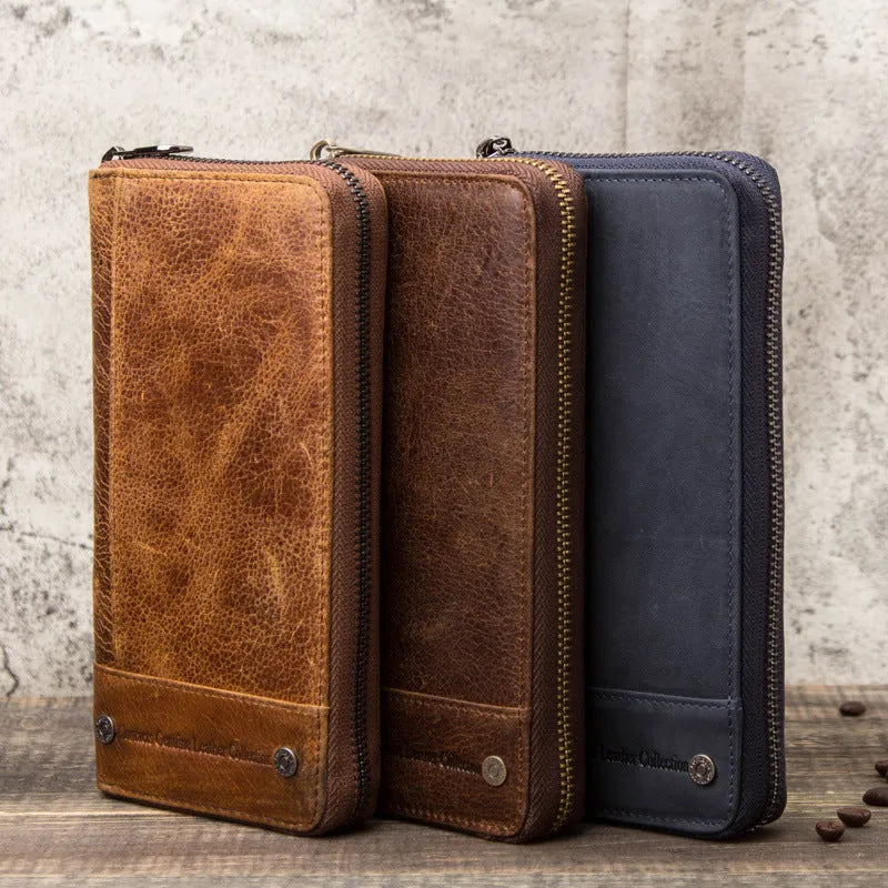Brown genuine leather men's wallet with anti-theft card protection feature