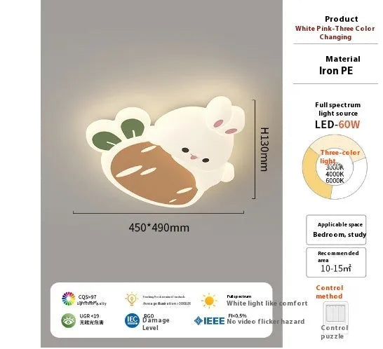 Cream children's cartoon ceiling lamp with tri-colour light, iron frame, acrylic shade, Carrot Rabbit design