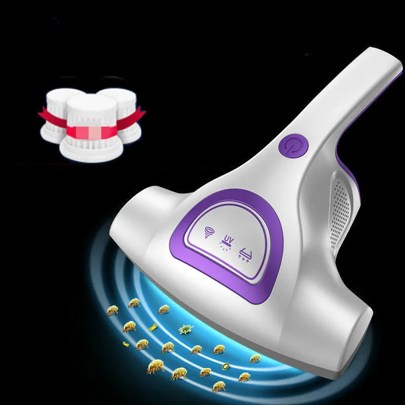 Pink handheld vacuum cleaner with UV light for mite control on a mattress.