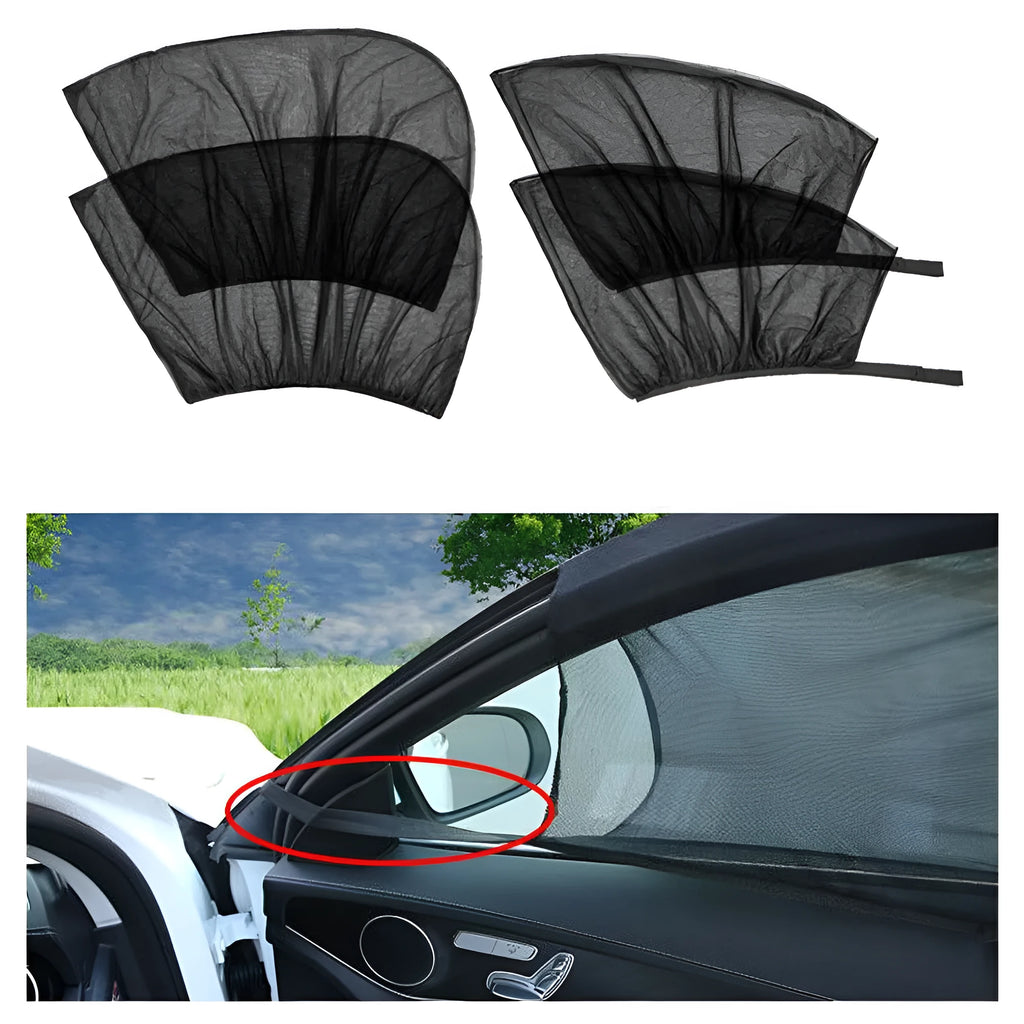 Stretchy non-woven mesh car side window sunshade installed on a vehicle door