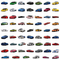 Sixty sports car graffiti vinyl stickers scattered, showing various 5-7cm car-themed designs.