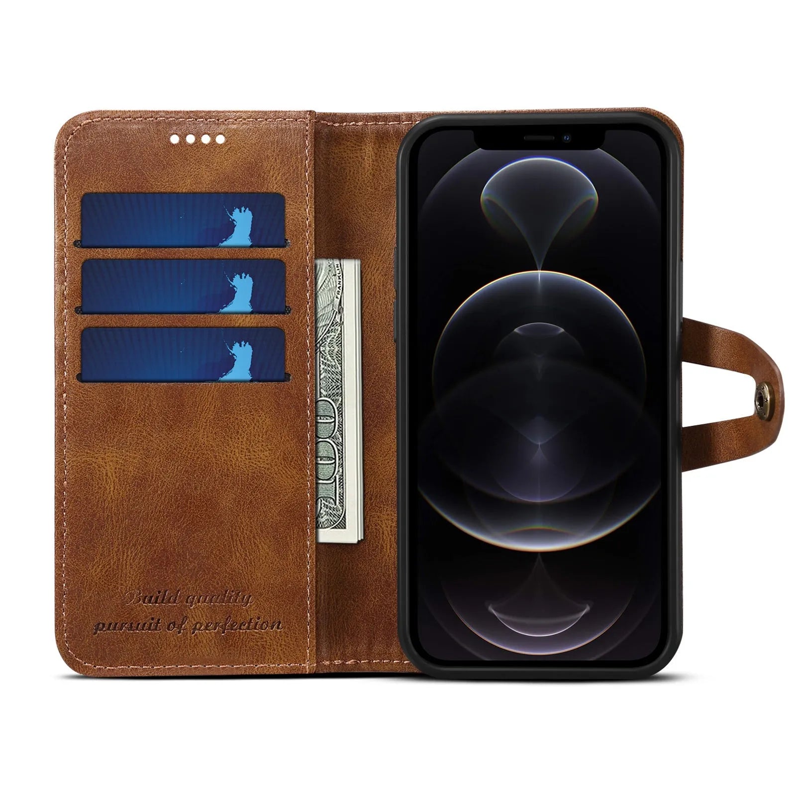 Flip leather wallet phone case for iPhone 13 in black with card slots open
