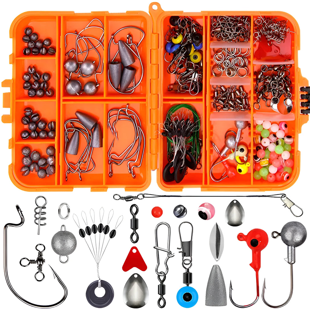 Weihe orange and black boxes containing 257 pieces of fishing lure hooks and accessories