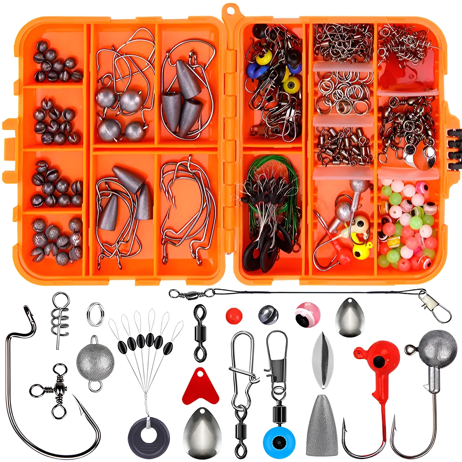 Weihe orange and black boxes containing 257 pieces of fishing lure hooks and accessories
