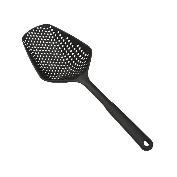 Nylon large scoop strainer colander in black for draining fried food from a pan