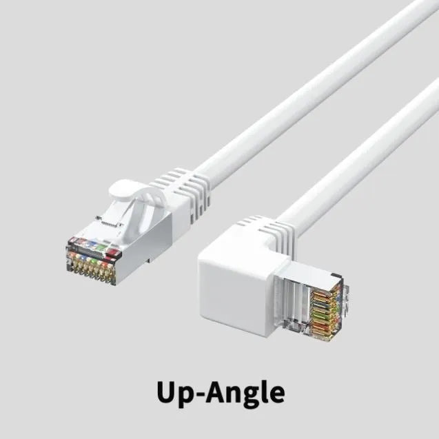 Cat6 Ethernet cable with right-angle metal RJ45 connector in black, available in multiple lengths