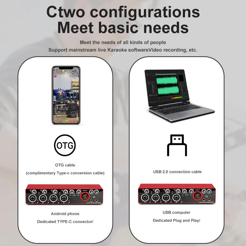 MD44 driver-free external sound card with Cannon and 6.5 interfaces, available in black or red, with connection cables