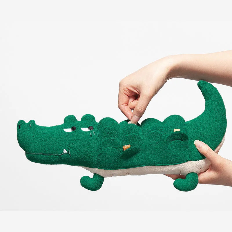 Green durable plush toy dog soft toy measuring 35 cm long.