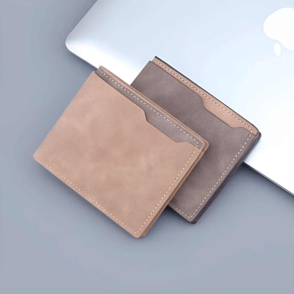 Men's short two fold wallet in frosted PU with contrast colour, 11.5 x 9.5 x 2 cm, dark brown or light brown