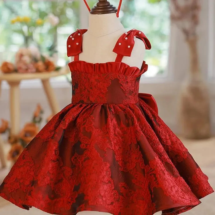 Red Zhuazhou girls braces skirt princess style polyester suspender dress for children