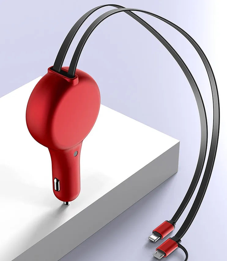 Black retractable car charger with extended USB-A and Type-C cables plugged into a car dashboard.