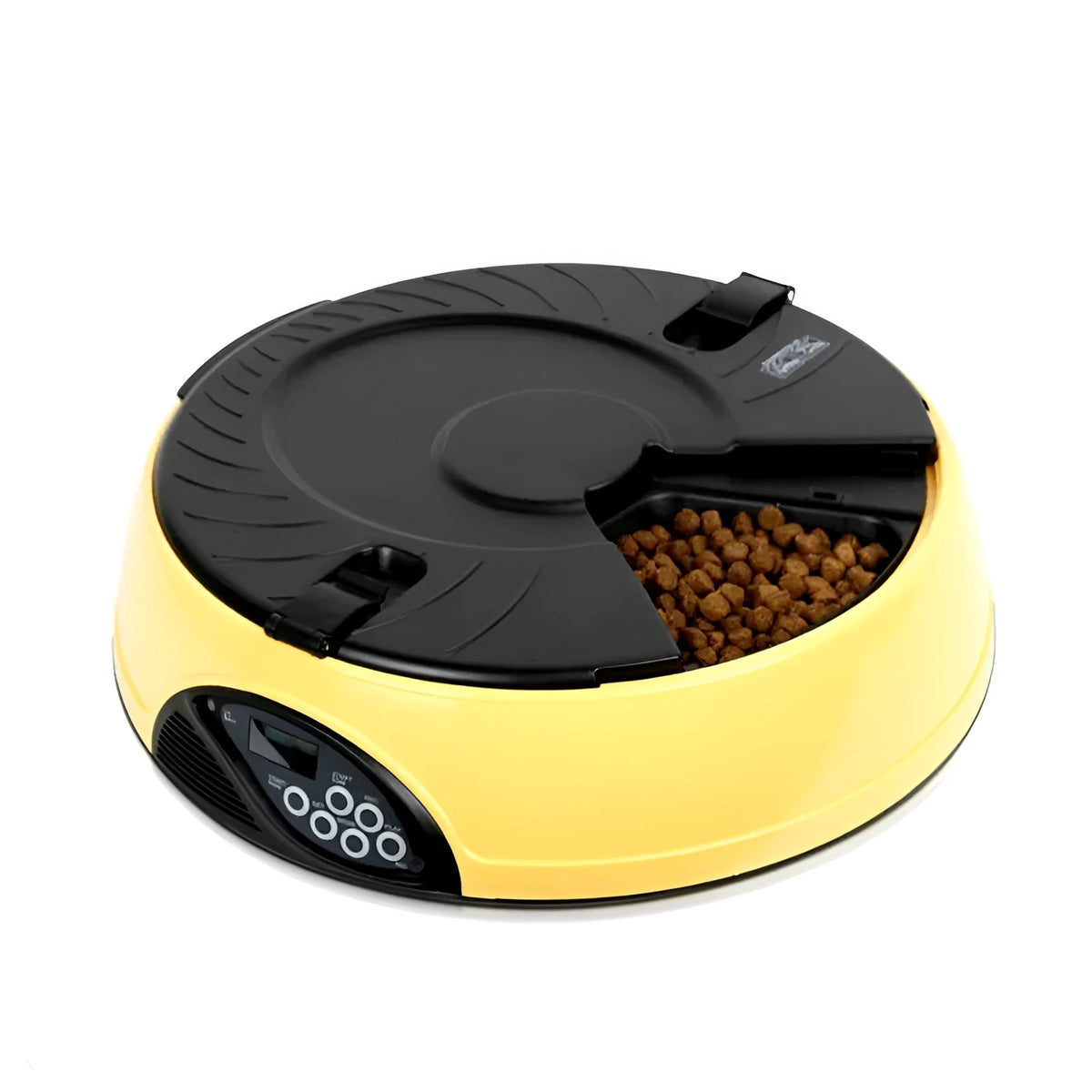 Automatic pet feeder with six food slots, built-in clock, voice recorder, and detachable ABS tray, 32.4X9cm