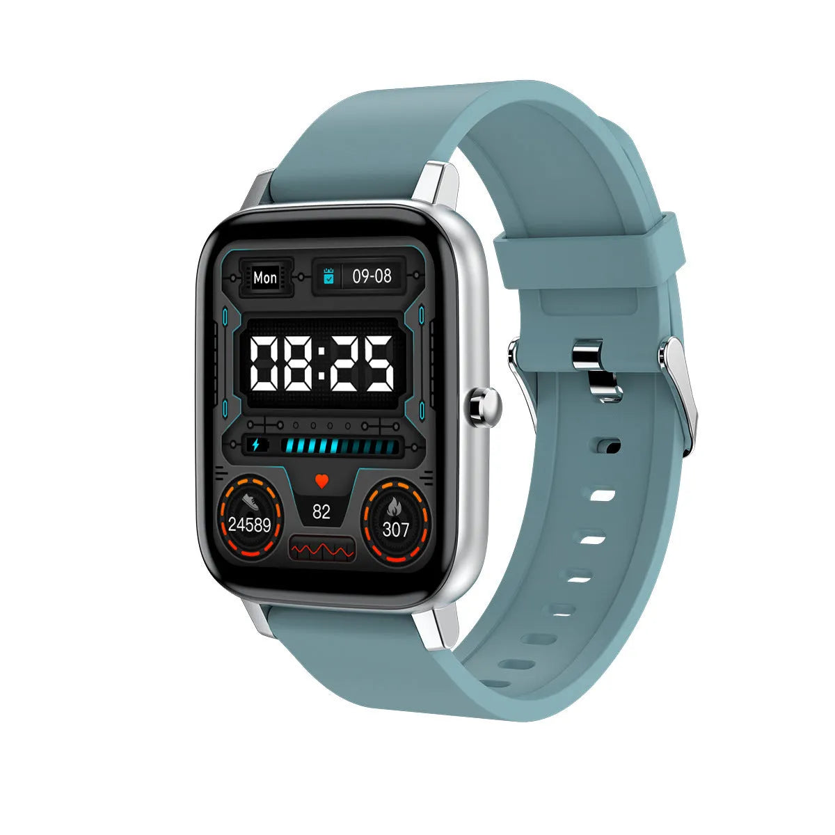 H80 smartwatch in black on a wrist, showing a heart rate graph on its 1.69-inch spherical glass screen.