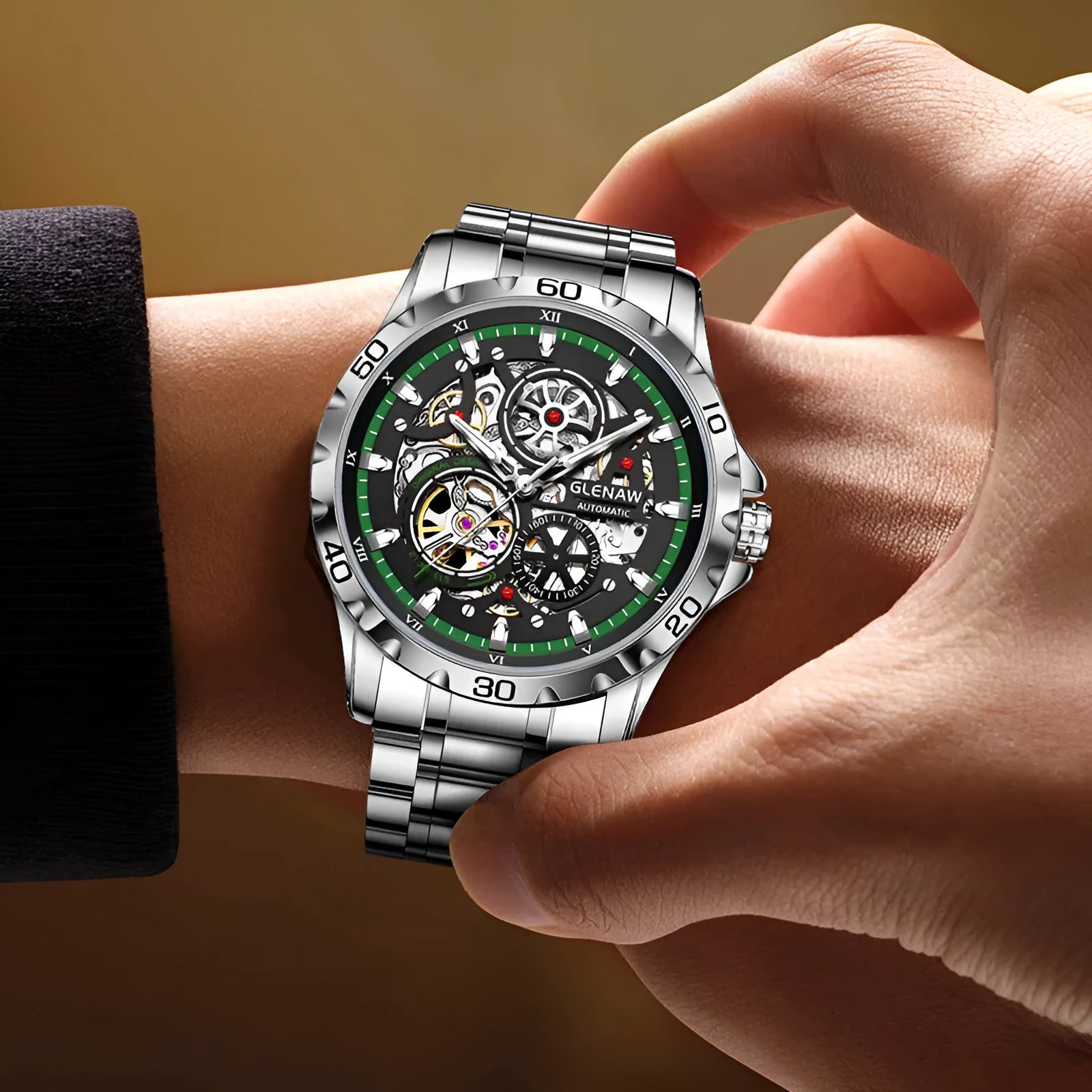 Men's automatic mechanical watch with hollow-out design, luminous hands and stainless steel strap