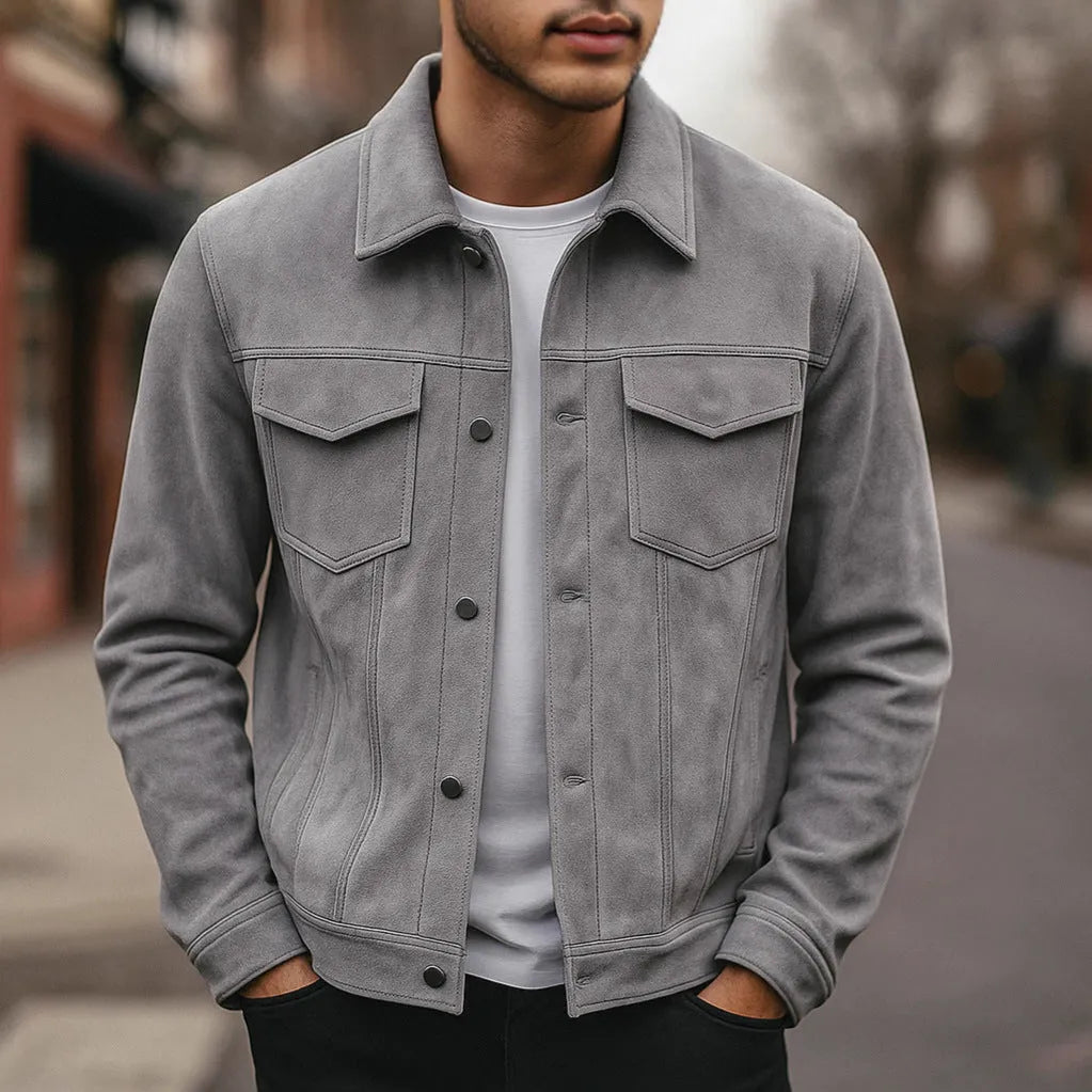 Deer Suede men's winter lapel work jacket in brown with 3D patch pockets and loose fit