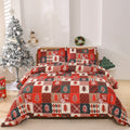 Christmas red plaid pattern on a chemical fibre bedding three-piece set showing quilt cover and pillowcases.