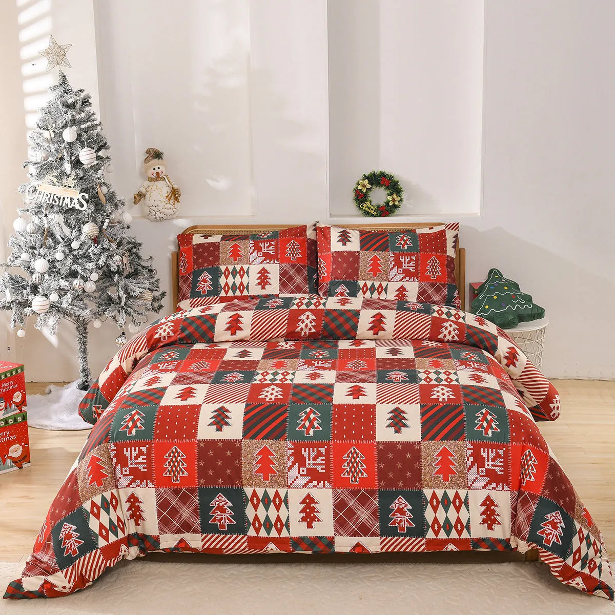 Christmas red plaid pattern on a chemical fibre bedding three-piece set showing quilt cover and pillowcases.