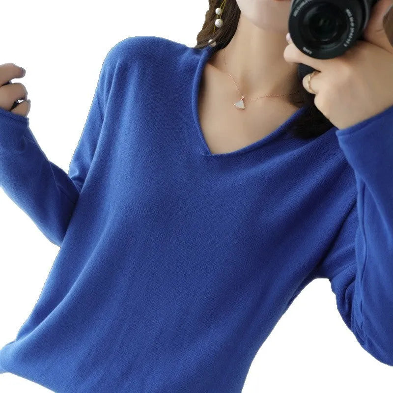 Women's V-neck long sleeve knitwear pullover top in turmeric colour with non-ironing finish