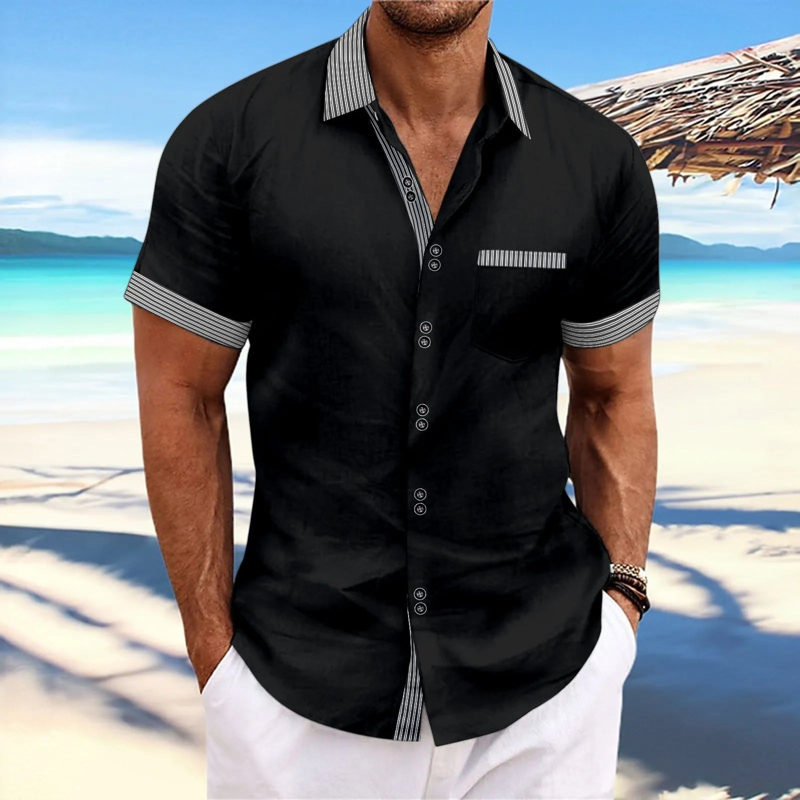 Men's slim fit striped short sleeve casual shirt in pure cotton on a hanger, showing double button detail.