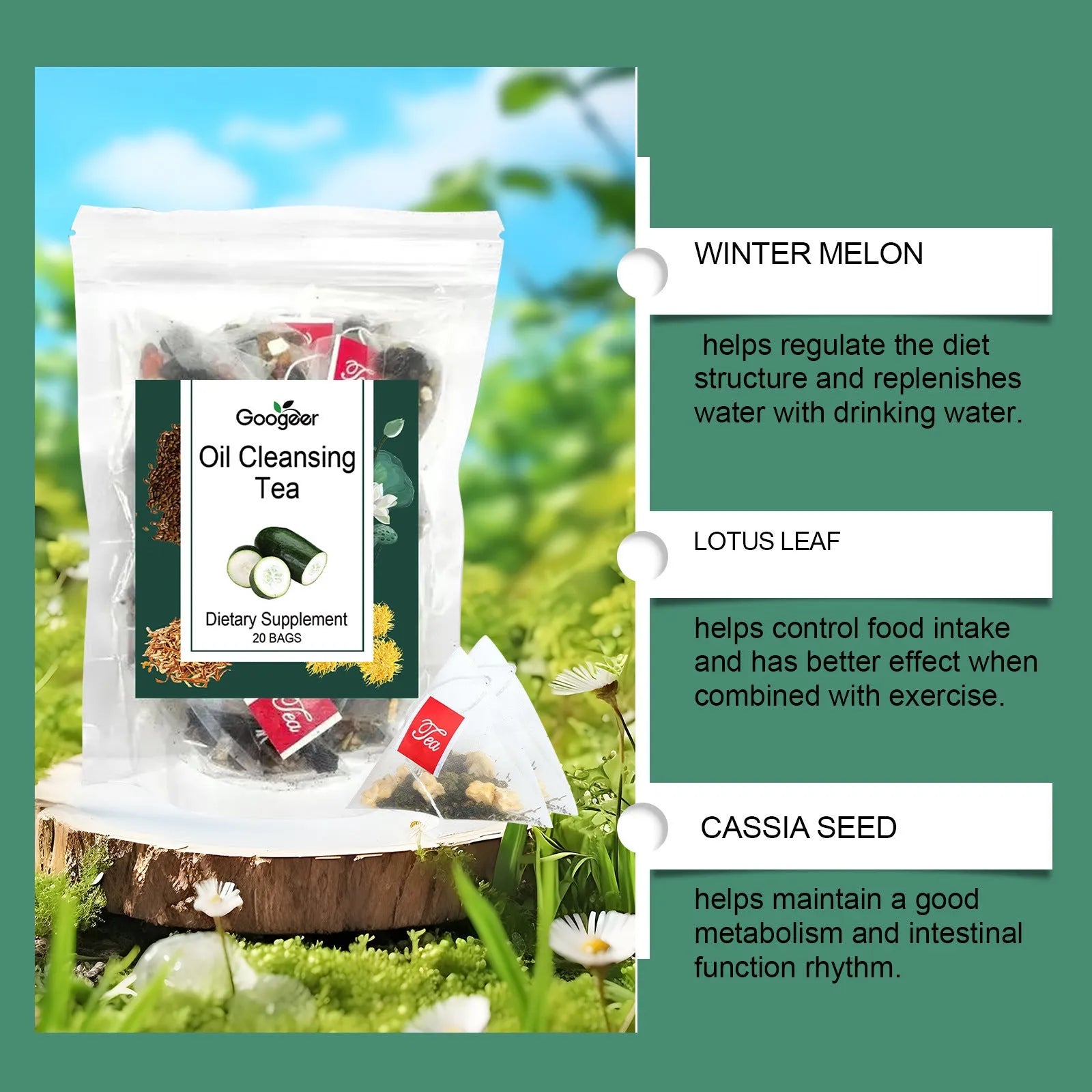 Googeer oil cleansing herbal tea body treatment box with 20 individual tea bags.