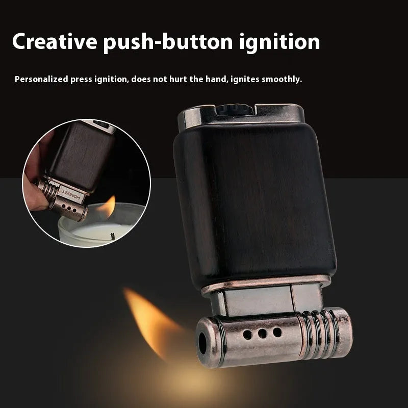A decorative gas lighter with a carved wooden handle combining black wood, rosewood symbols, and a red wood tube accent.
