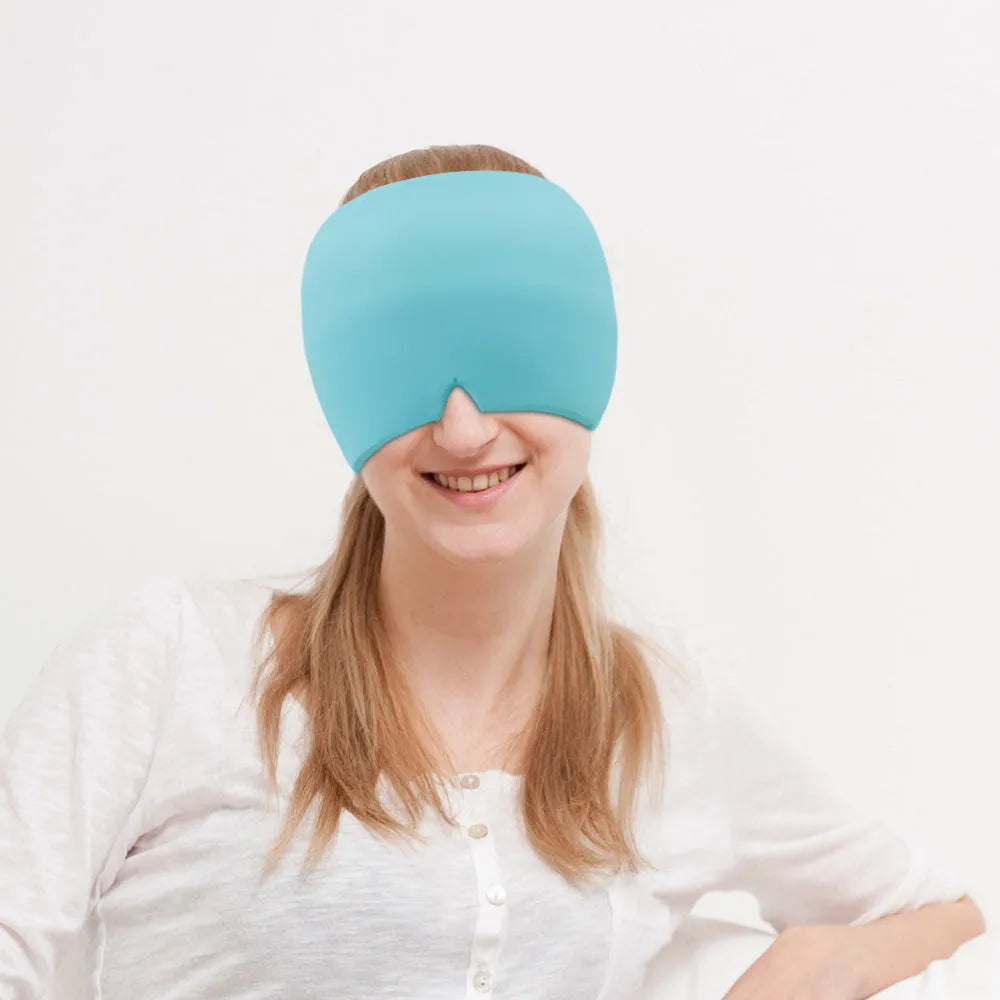 Black elastic cloth cooling gel eye mask for headache relief showing adjustable fit