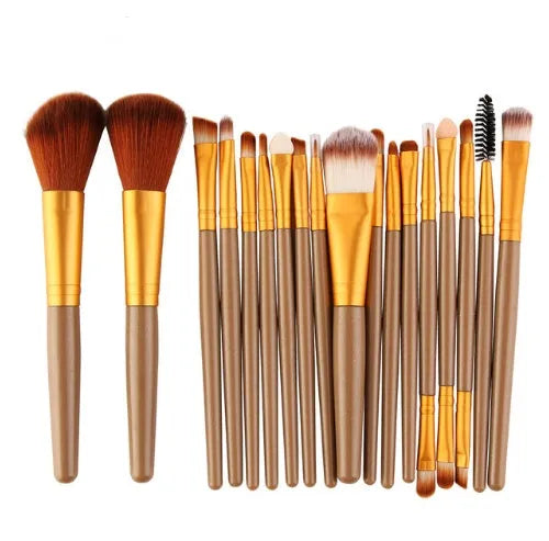 18-piece make-up brush set with various brush heads including a fan brush on a white background.