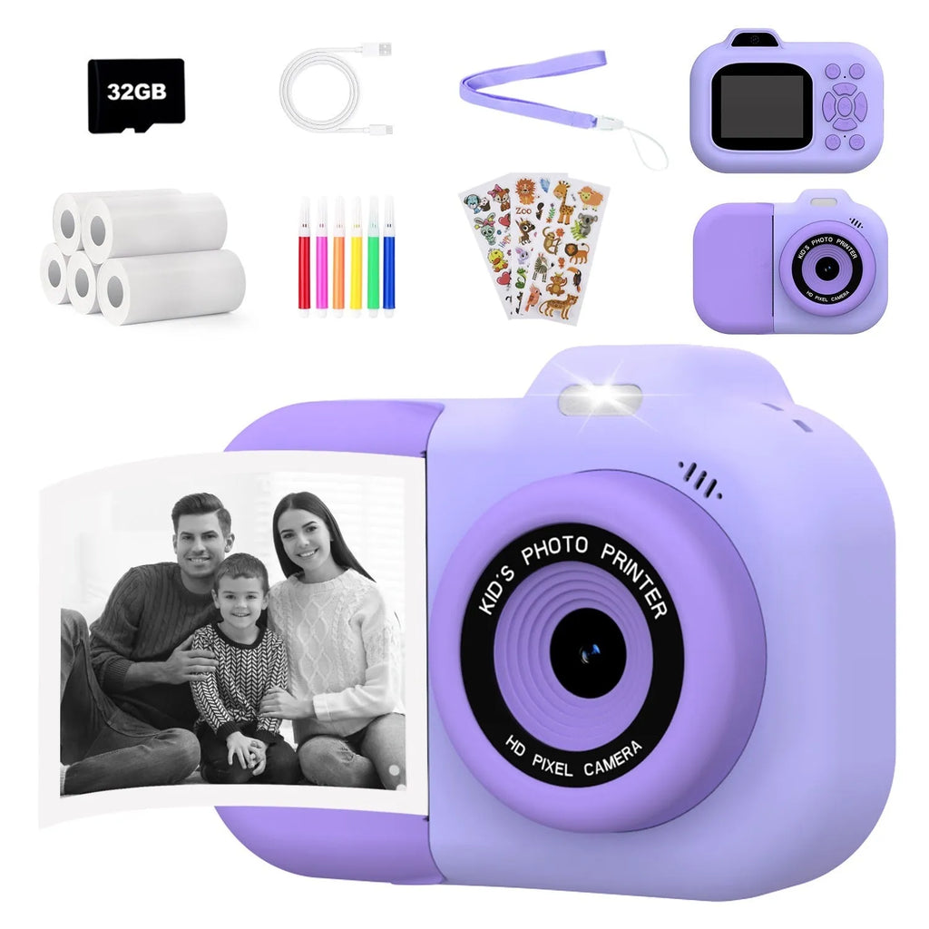 Children's camera in blue, pink, or purple with video recording, photography, games, and MP3 functions