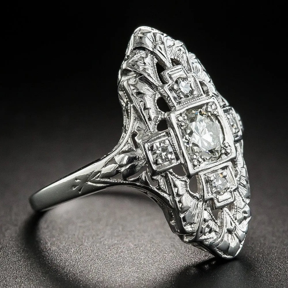 Hollow geometric copper ring with diamond studs in electroplated silver finish