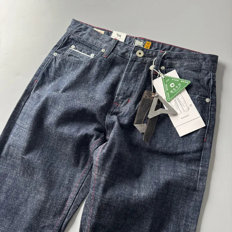 Men's straight-leg denim jeans in primary colour with classic American retro styling