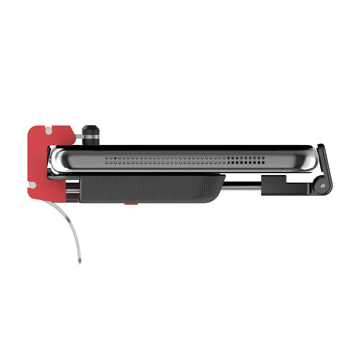 Black mobile phone gaming bracket with a trigger button and an extended telescopic phone clip.