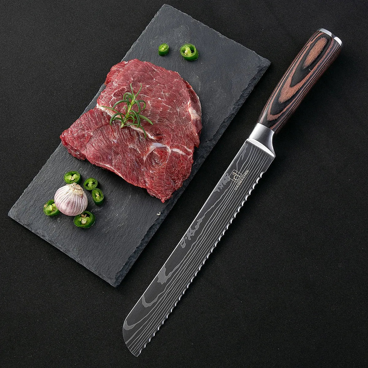 Chef knife with laser Damascus patterned blade and colour steel handle, length 30cm