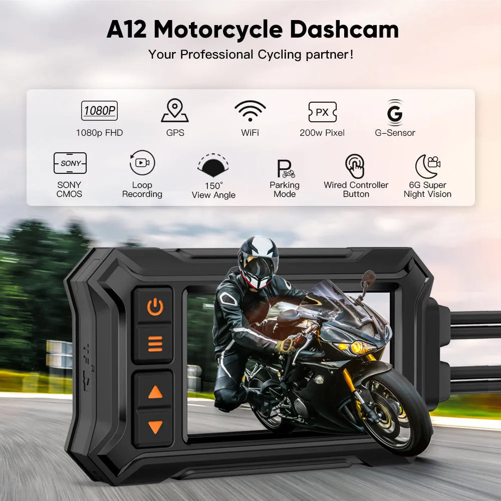 Motorcycle dashcam unit with dual lenses, 3-inch screen, GPS module, and wiring for ACC power connection.