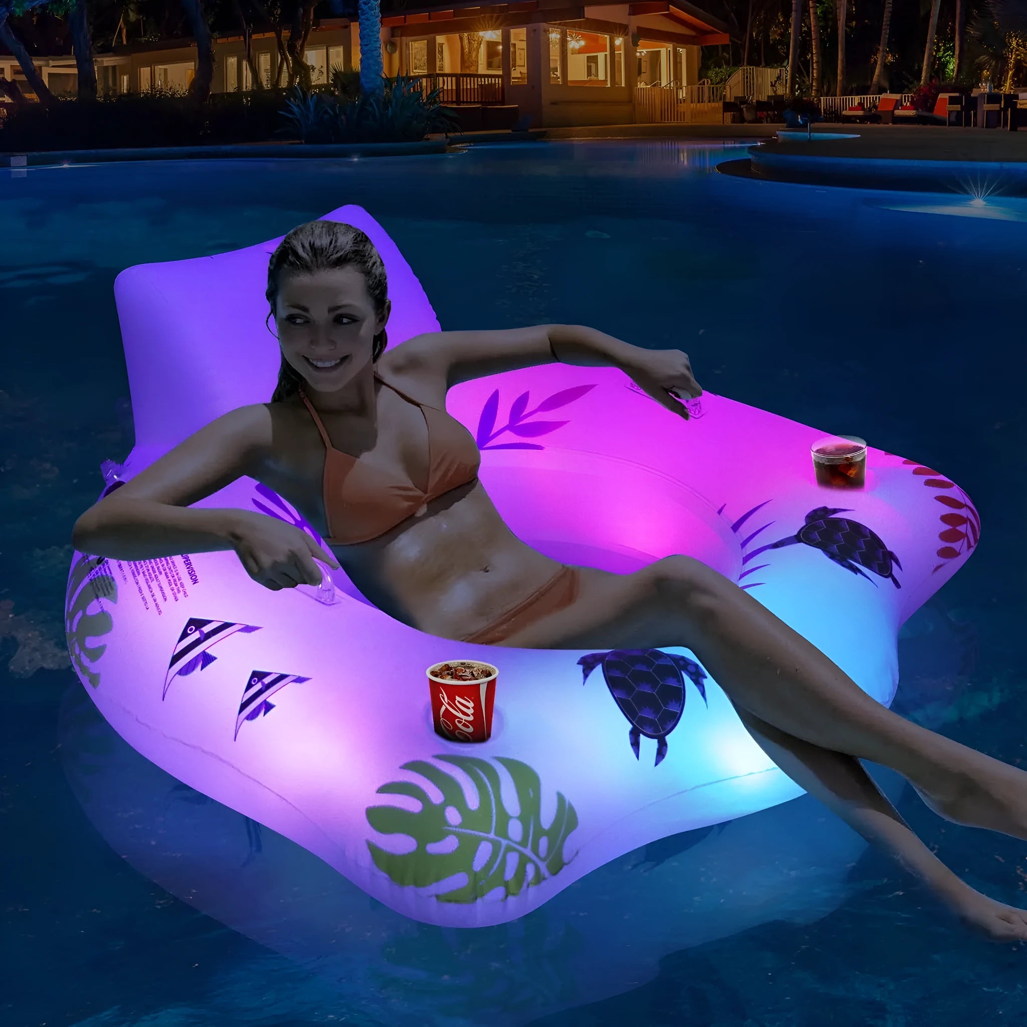 White luminous U-shaped inflatable seat float for water reclining.