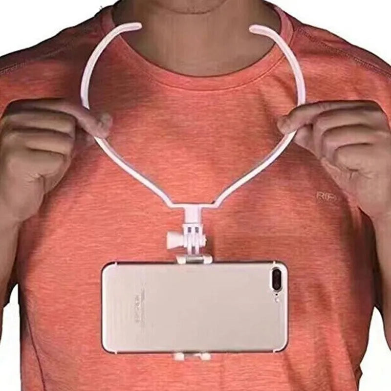 A black adjustable neck phone holder mounting a smartphone for hands-free filming.