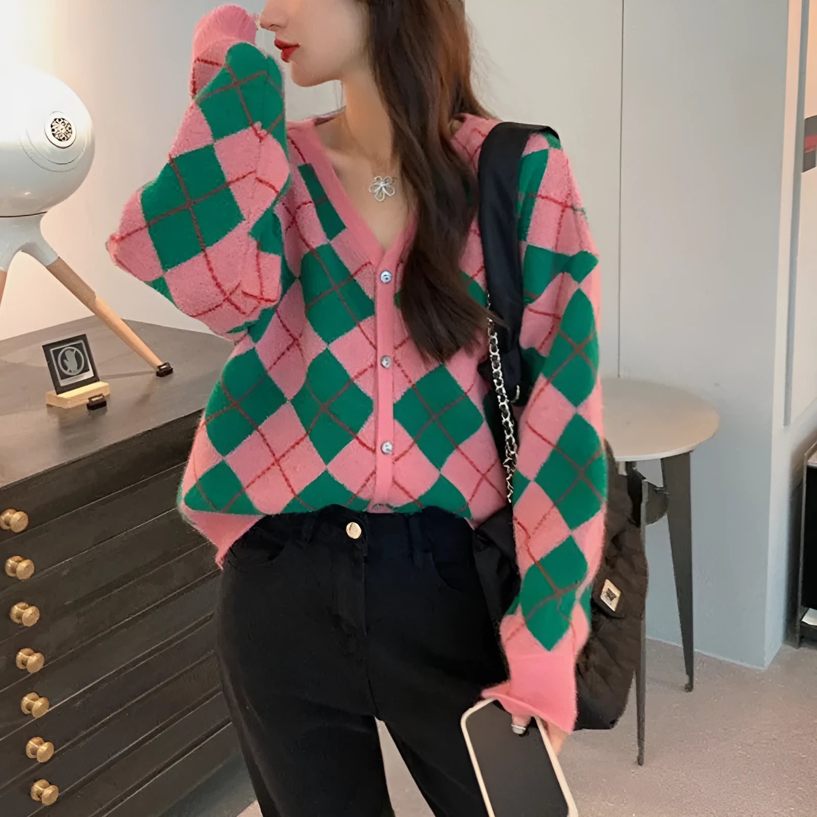 Casual acrylic knitted cardigan in macaron colours with regular sleeves