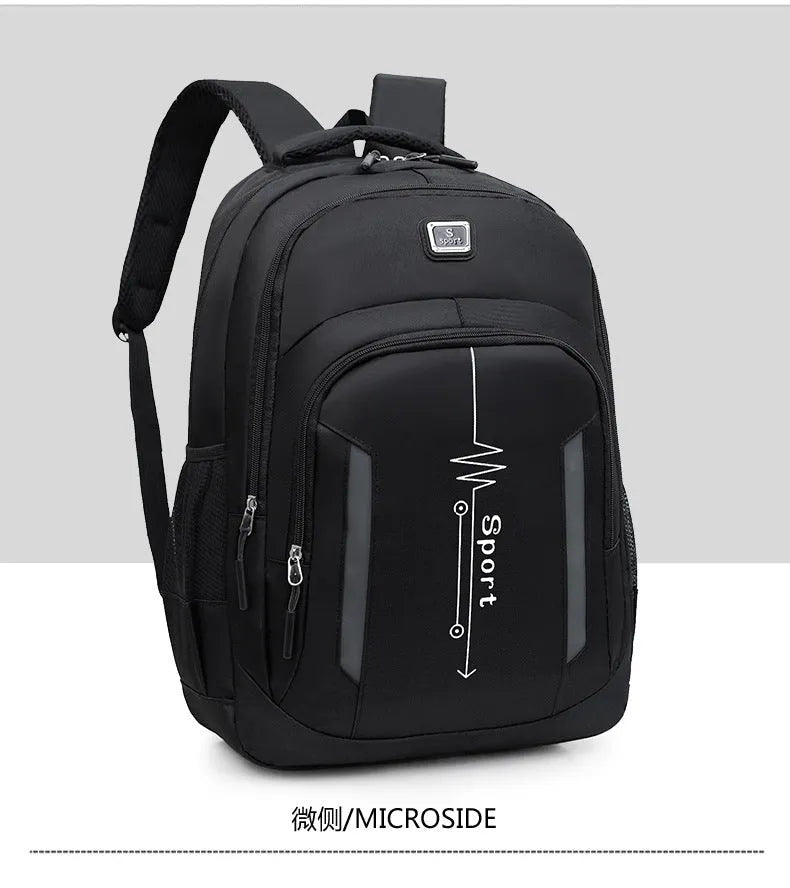Blue business travel backpack with airpillow straps and sewing line detail on Oxford cloth.