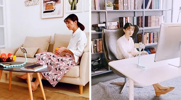 Black flexible rubber phone holder with suction cup extended to 62cm length on a desktop