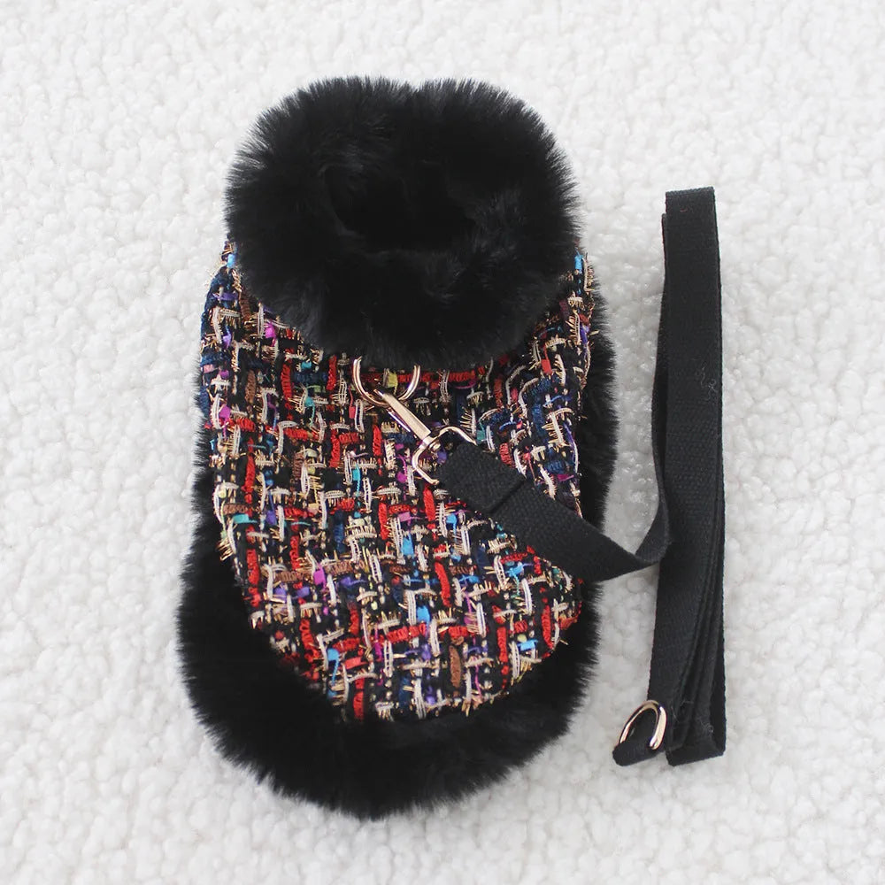 Classic style dog cloak with chest strap and matching hand holding rope in cloth material
