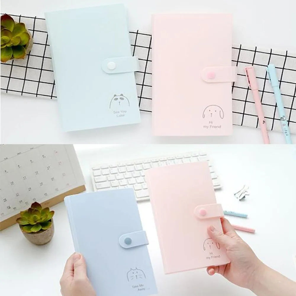 Blue PVC and PP business card holder book with protective shell and smile logo, showing insert pocket.